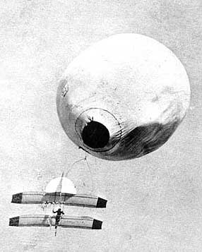The daredevil Professor Lascaldes takes to the sky in a smoke balloon